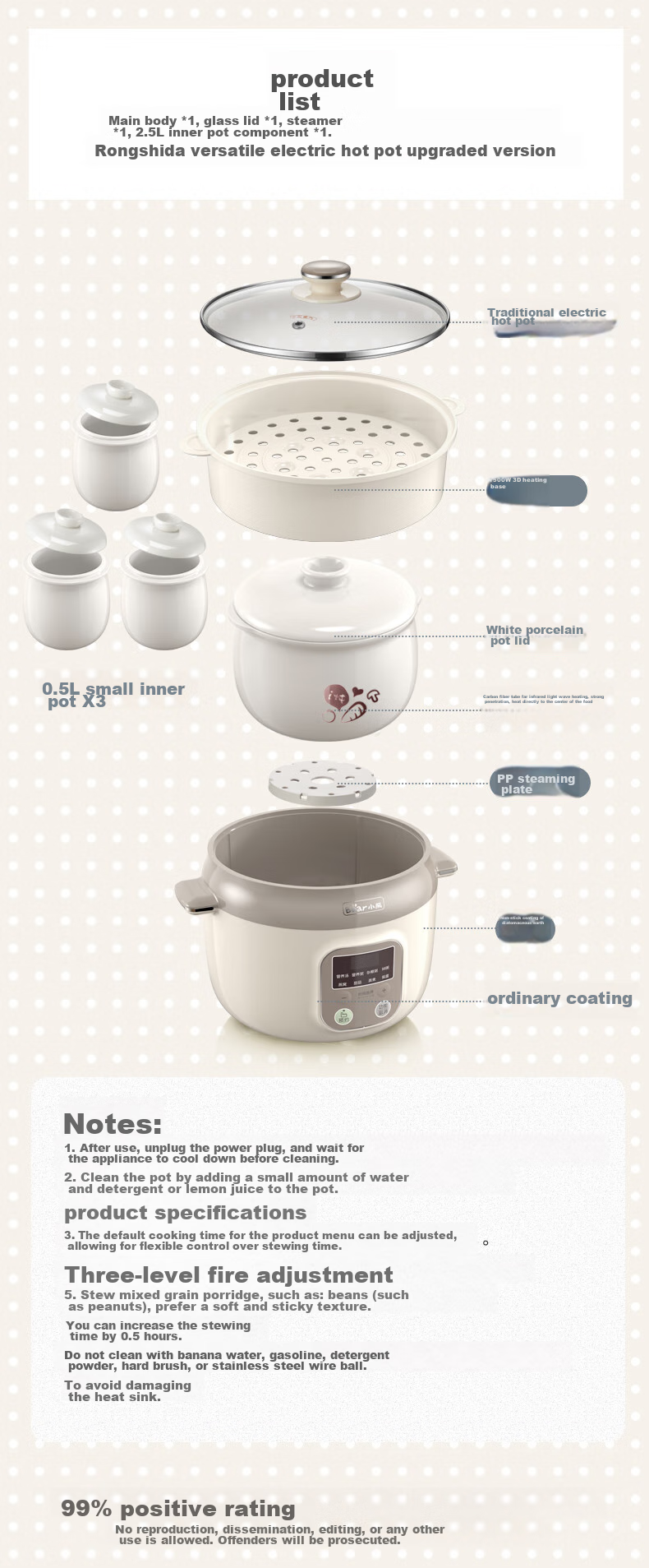 Bear Electric Slow Cooker, Soup Pot for 3-4 People, Stew Pot, Bird's Nest Cooking Pot, Soup Stewing Pot, Baby Food Cooker, DDZ-C25X6 4L with Steamer Basket 22