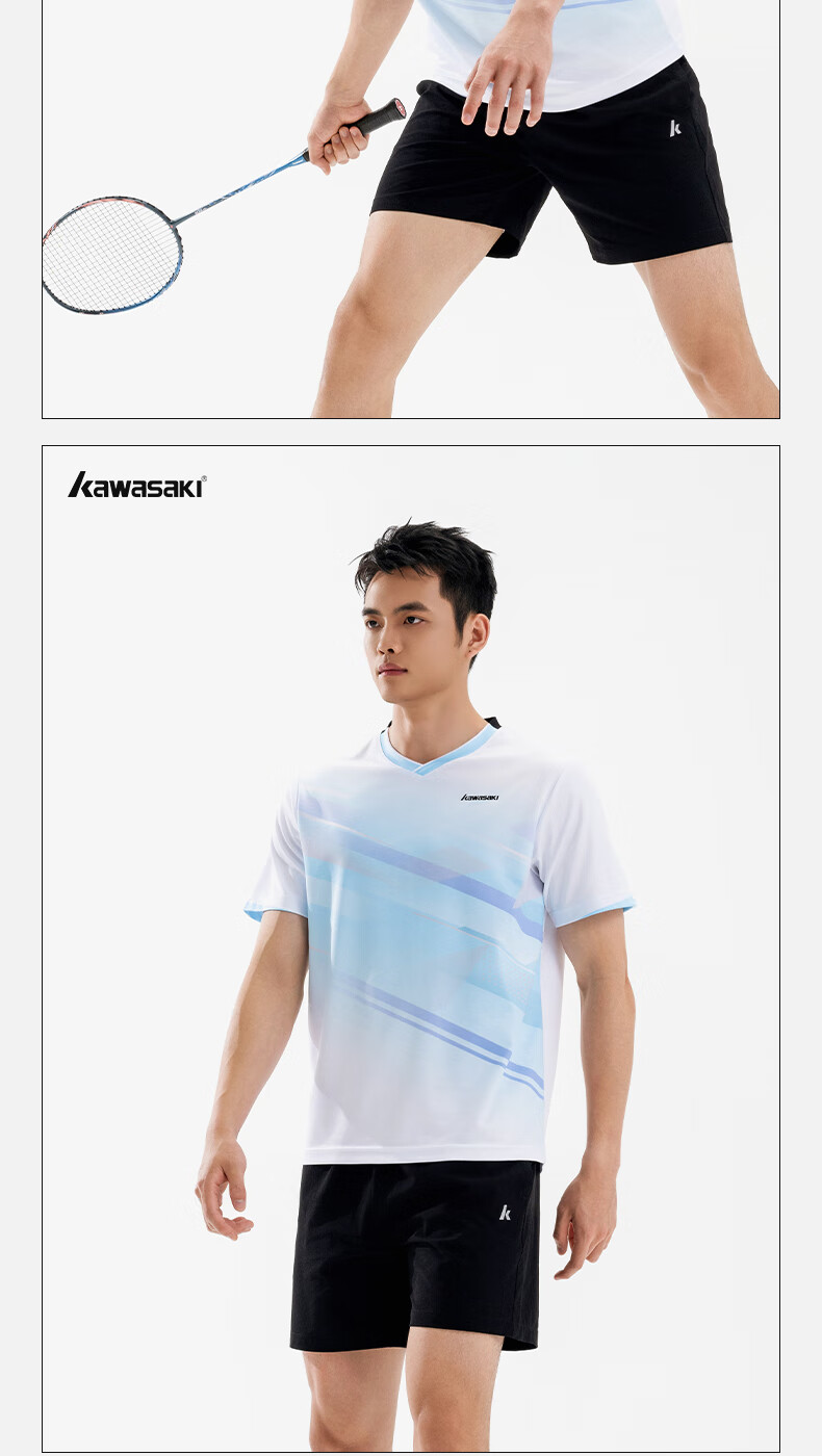Kawasaki Men's Badminton Shirt Quick-Dry Breathable Training V-Neck Sports Short Sleeve Professional Phantom Blue XL 2