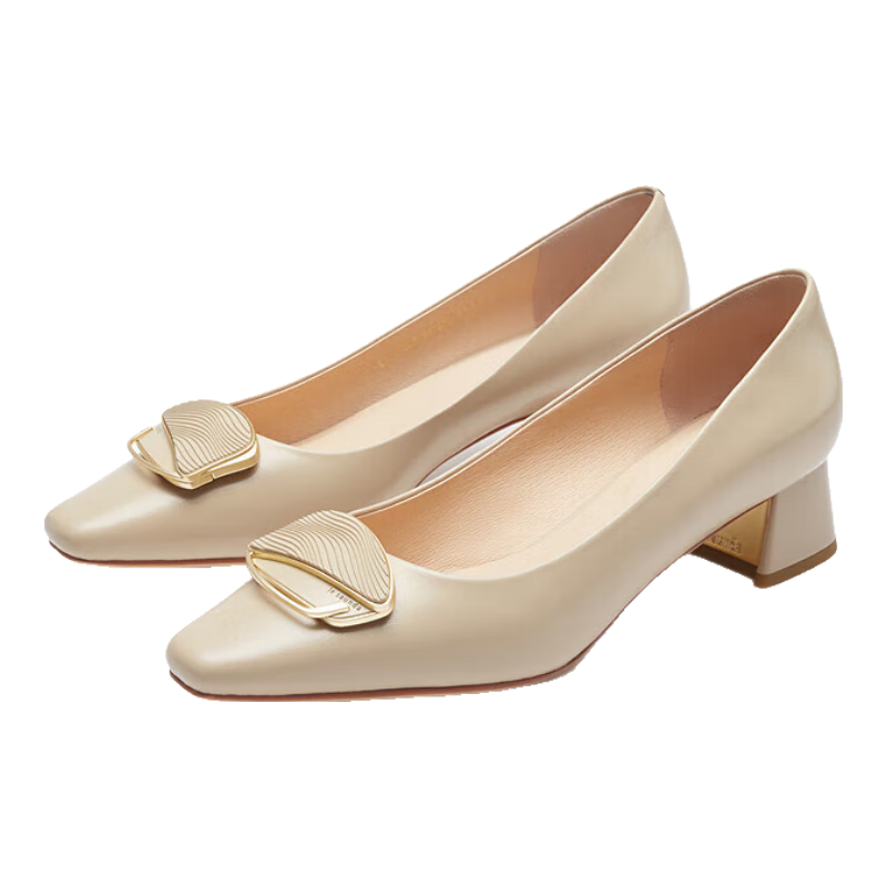 Le Saunda 2026 New Elegant Solid Color Square Toe Shallow Commuter Chunky Mid-Heel Women's Pumps 41007, Dark Beige BDK, Size 37