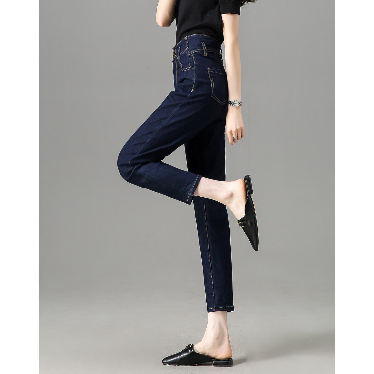 Dme Youthful Long-Legged High-Waisted Double-Button Women's Pants, Slim-Fit Jeans for Women, Dark Denim Blue, Size 28