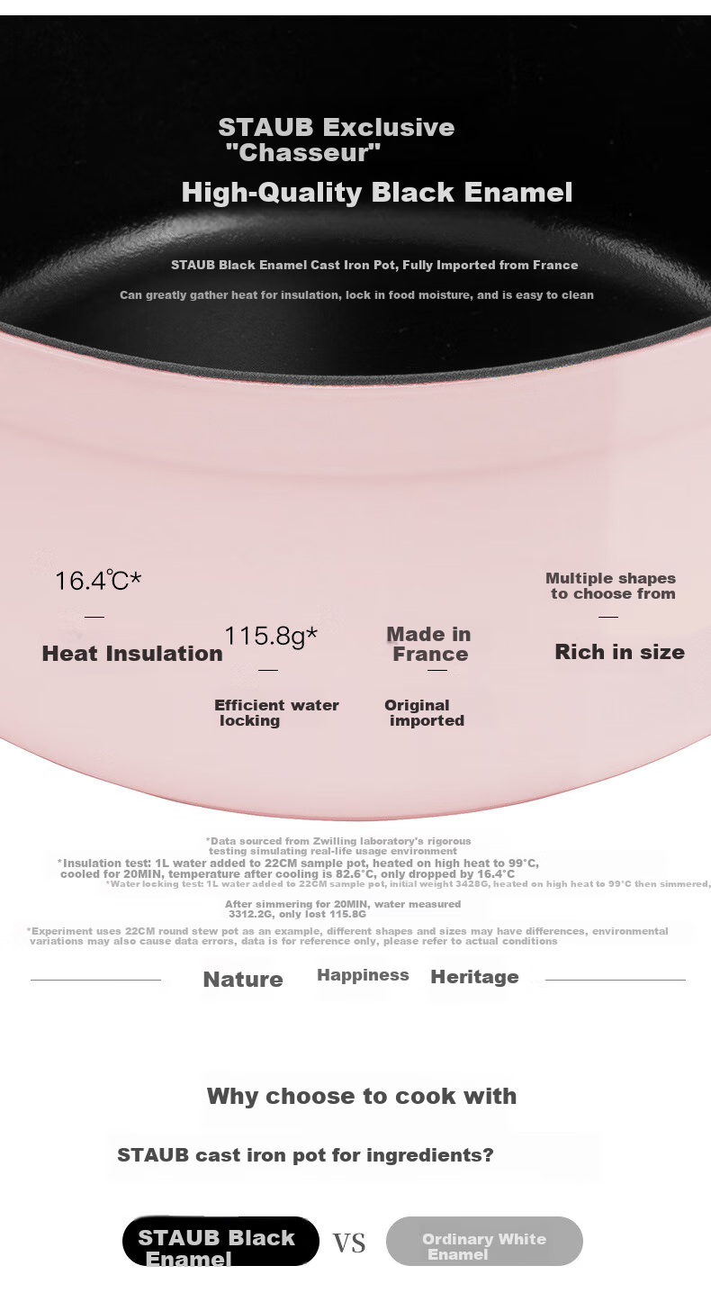Staub French Imported Enamel Cast Iron Pot, Flat Bottom Double-Handled Soup Pot, Round Stew Pot, Mousse Rose, 24cm, 1030217 3