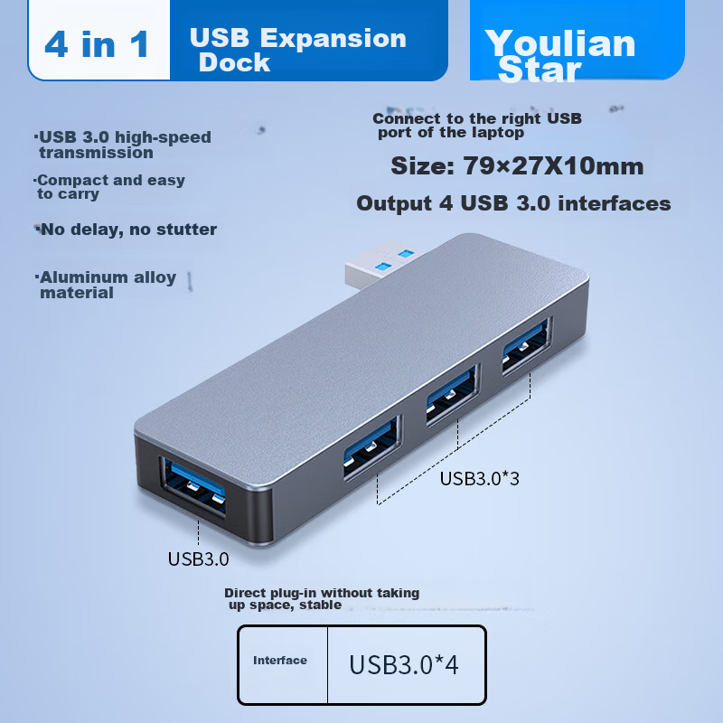 Youlianxing USB3.0 Hub Expansion Dock, Direct Plug-In Right Side 4 Ports, USB Expansion Dock Adhesive HUB Splitter, One-To Converter, Suitable for Dell And Xiaomi Laptops