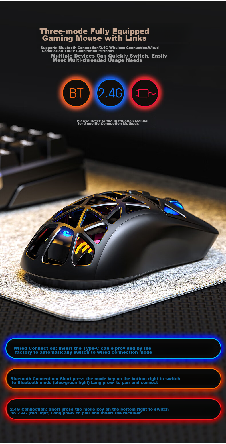 YINDIAO G17 Lightweight Tri-Mode Gaming Mouse, Wireless Bluetooth Rechargeable, E-Sports Sensor, 6-Level DPI, Compatible with Desktop Computers, Laptops, And Smartphones, Premium Edition in Dome Black 6