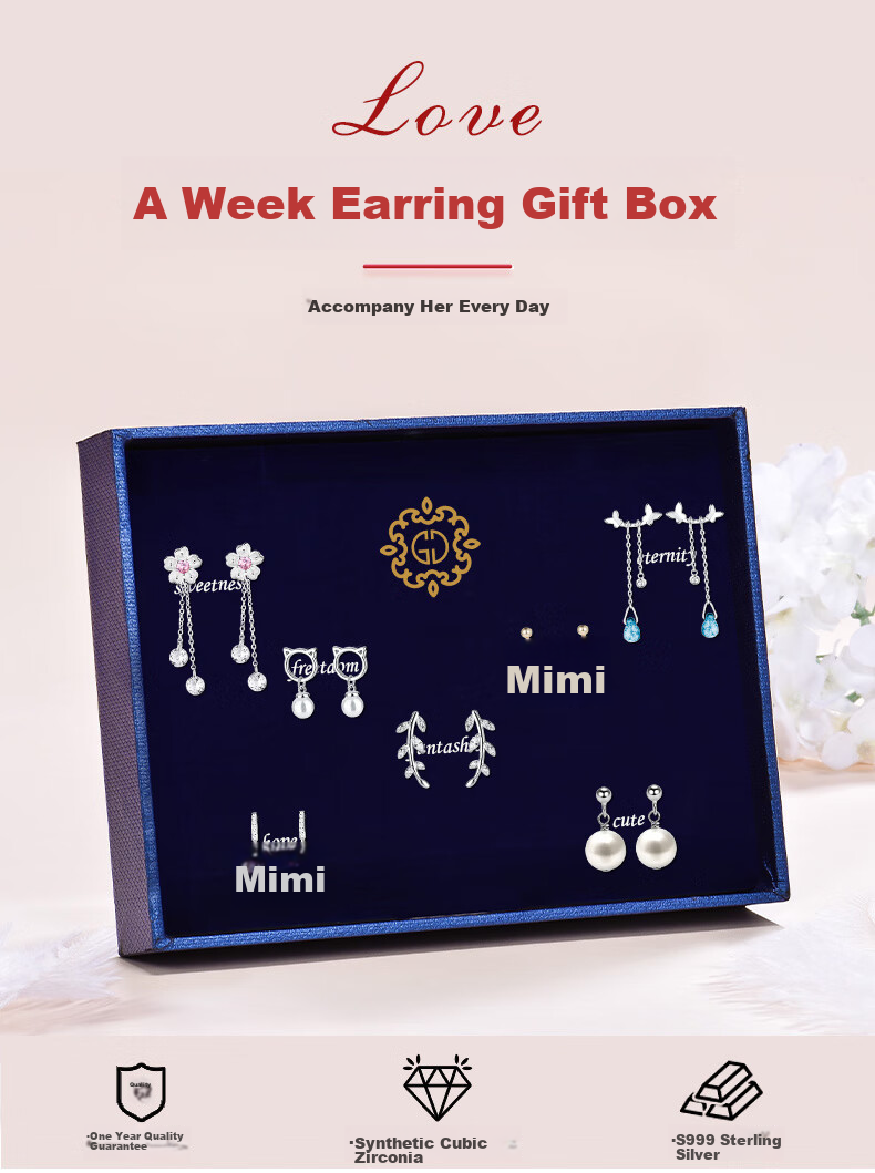 Dijing 999 Sterling Silver Earrings for Women, 2026 New Style Birthday Gift for Girlfriend, One-Week Stud Earrings, Ear Ornaments, Ear Drops 1