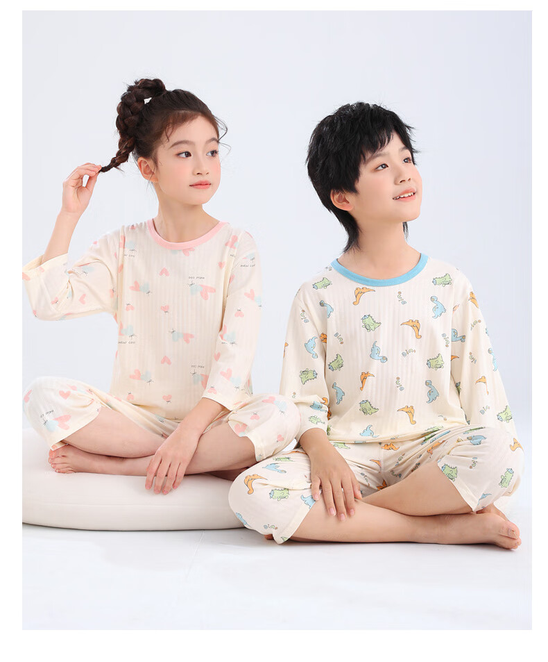 YUZHAOLIN Children's Pajamas Spring Boys And Girls Home Wear Set Cotton Student Air Conditioning Clothes Blue Dinosaur 140 15