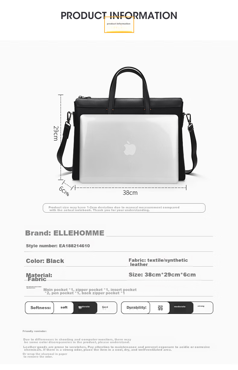ELLE HOMME Business Men's Briefcase, Nylon Canvas Handbag, Crossbody 14-Inch Laptop Bag, 14610 Black 8