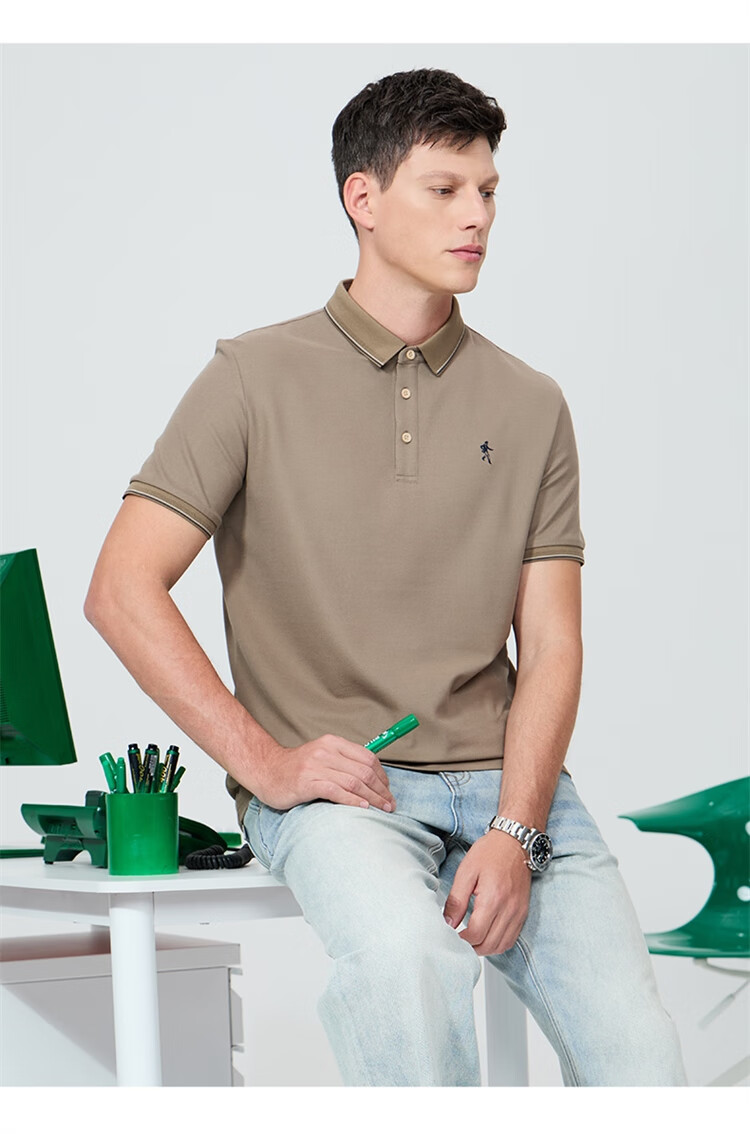 DANCING WOLVES [7A Antibacterial 2A Anti-Mite] Summer Cool Non-Shrinking Collar Men's Short-Sleeve POLO 701 Khaki XL(180) 16