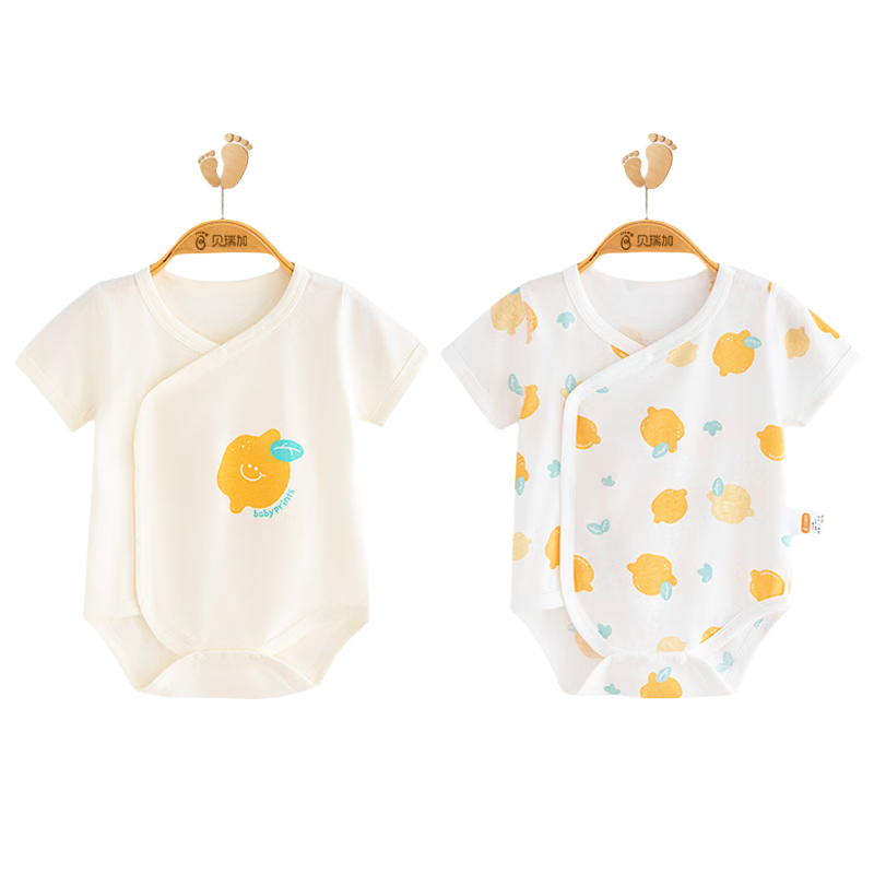 Babyprints Baby Romper 2-Pack, Infant Short-Sleeve Bodysuit, Summer Pure Cotton Clothing, Thin Triangle Onesie, Yellow, Size 80
