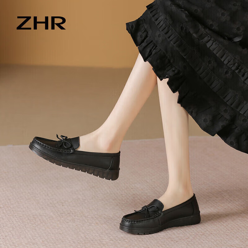 ZHR Women's Loafers, Spring And Autumn Genuine Leather, Bow-Tie Flats, Soft-Soled Commuter Shoes for Women, Mom Shoes, BT37, Black, Size 35