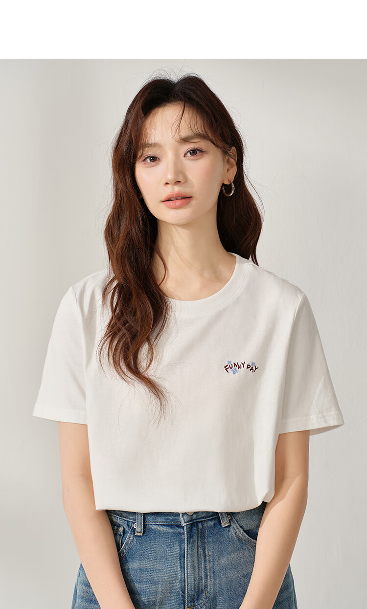 INMAN Women's 2025 Summer Embroidered Comfortable Simple Pullover Loose Fit Cotton Short Sleeve T-Shirt Sakura Pink S 34