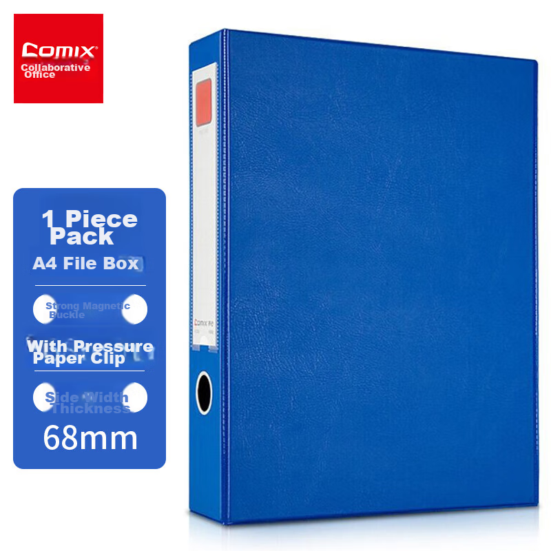 COMIX 68mm A4 Magnetic File Box, Thickened PVC Document Box, 55mm Capacity Paper Box, Financial Bill Organizer (With Paper Clip), Blue EA1013