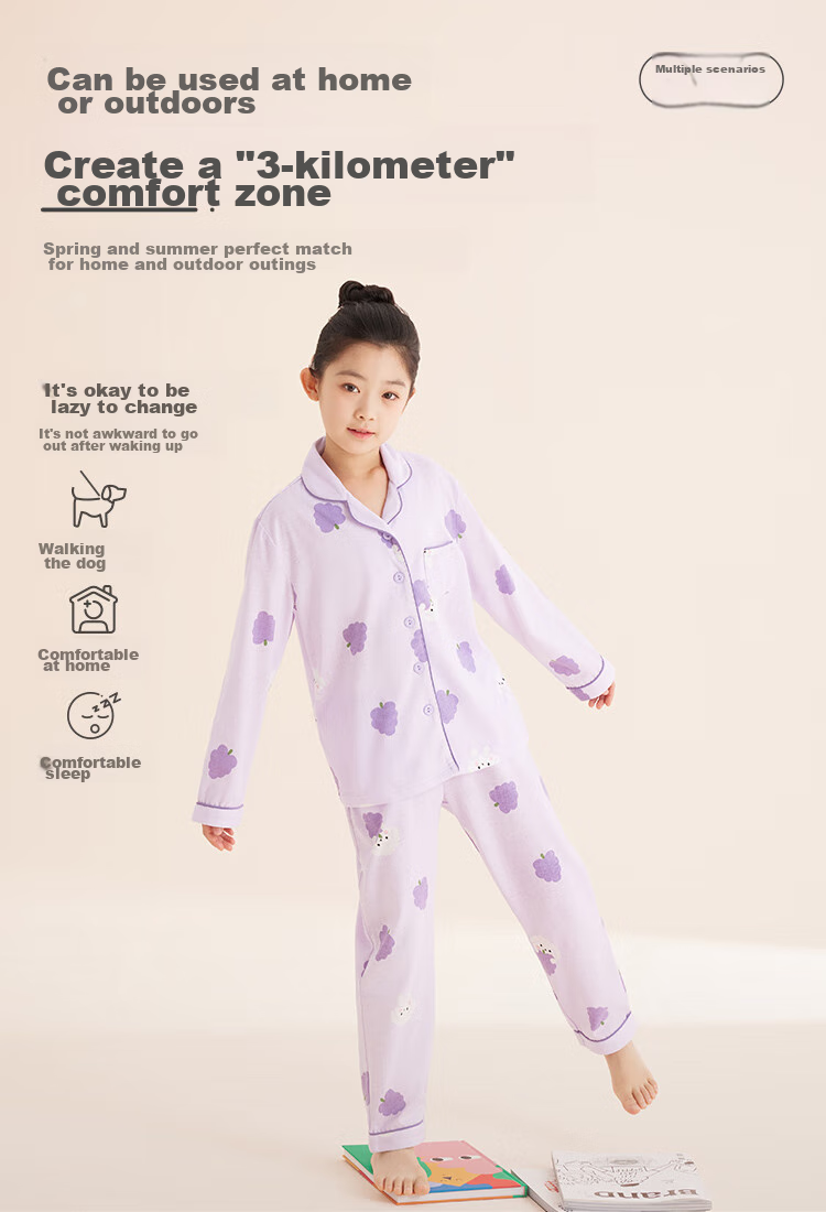Hodo Children's Pajamas, Girls' Spring And Autumn All-Season Pure Cotton Loungewear, Long-Sleeve Top And Long Pants Set, Turn-Down Collar, M3512, Light Purple, Size 130 6