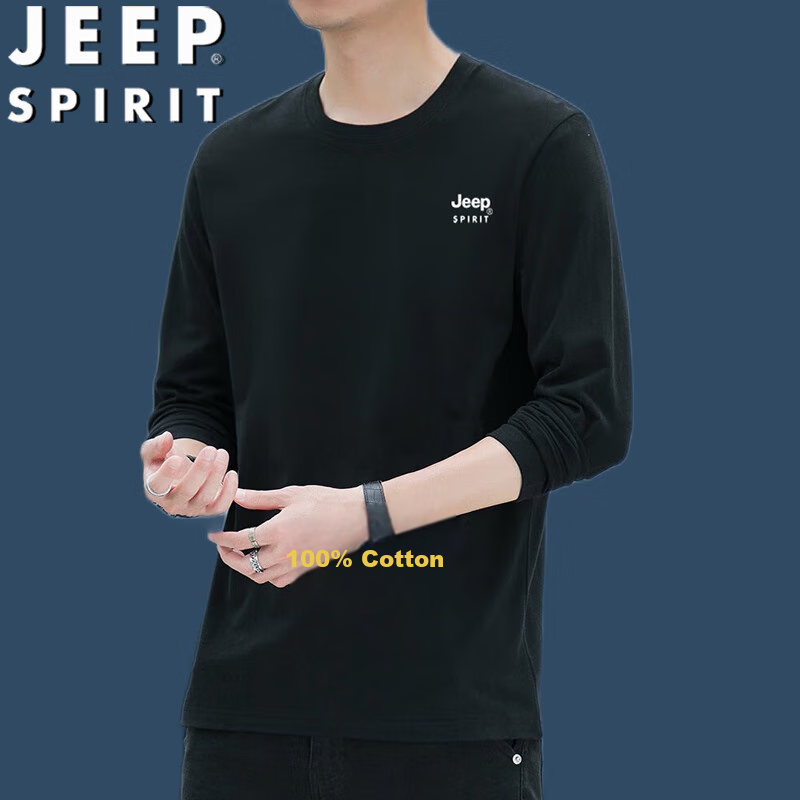 JEEP SPIRIT Men's Long-Sleeve T-Shirt, Spring And Autumn Undershirt, Pure Cotton Casual Sports Versatile Menswear, Black, 2XL