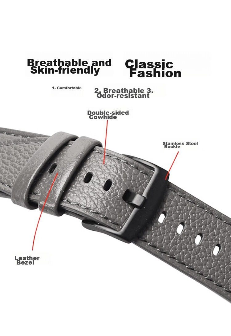 ESCASE Suitable for Huawei Watch Straps GT6/5/4/Pro/Watch5/4/3/Buds Smartwatch, Fine Litchi Pattern Genuine Leather Strap, 46/48MM, Premium Gray S02 6
