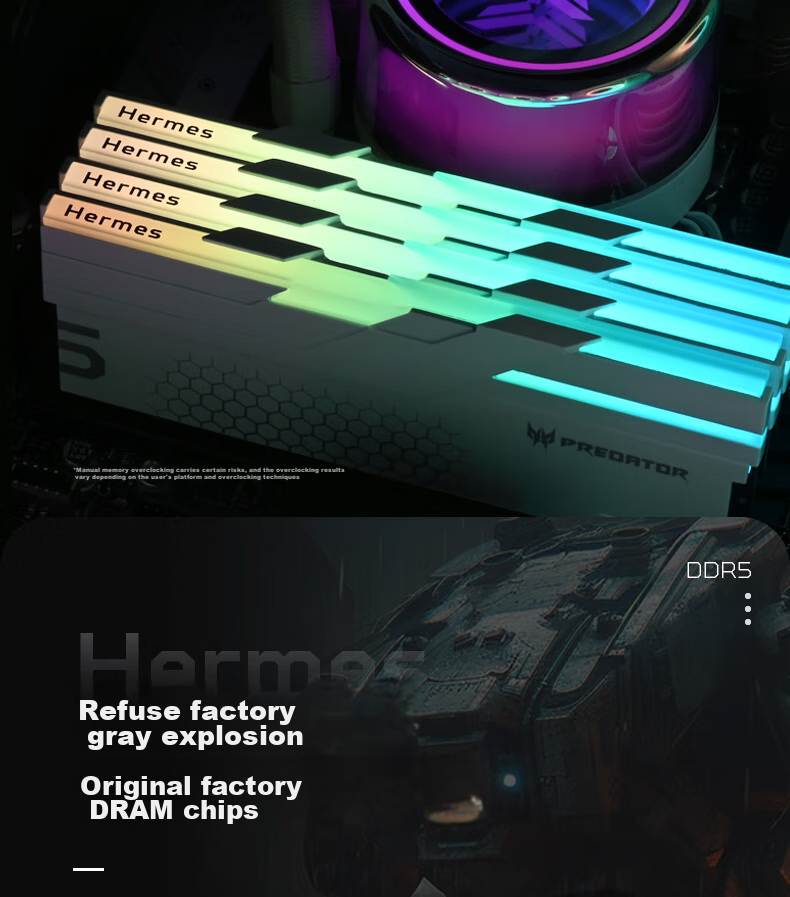 PREDATOR 48GB (24GB×2) Kit, DDR5 6000MHz, Desktop Memory Module, Hermes Ice Blade Series, RGB Light Bar (C28), White, AI Computer Accessory 12