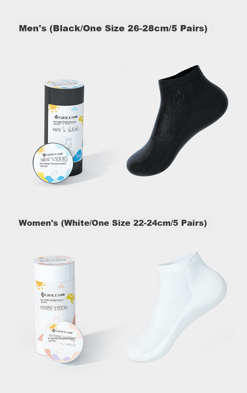 Grace Travel Disposable Socks, Compressed Short Tube Socks, Daily Disposable, for Business Trips, Unisex, No-Wash, 5 Pairs Pack, White 10