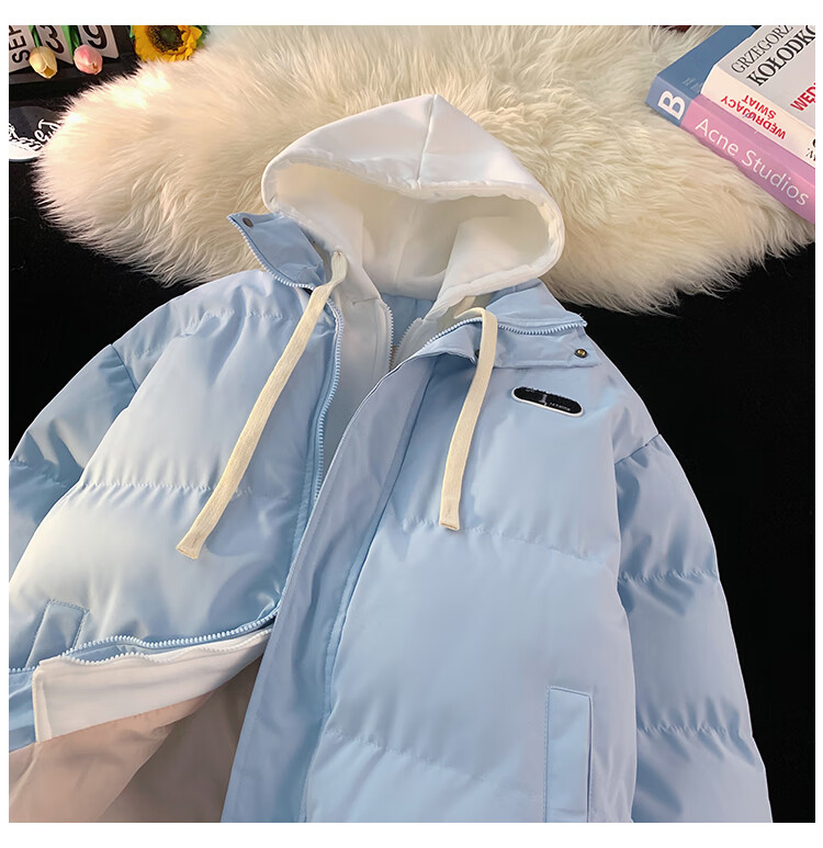 NASA MARVEL Men's Padded Cotton Jacket Winter Coat Trendy Two-in-One Hooded Couple's Puffer Jacket Light Blue 3XL 5