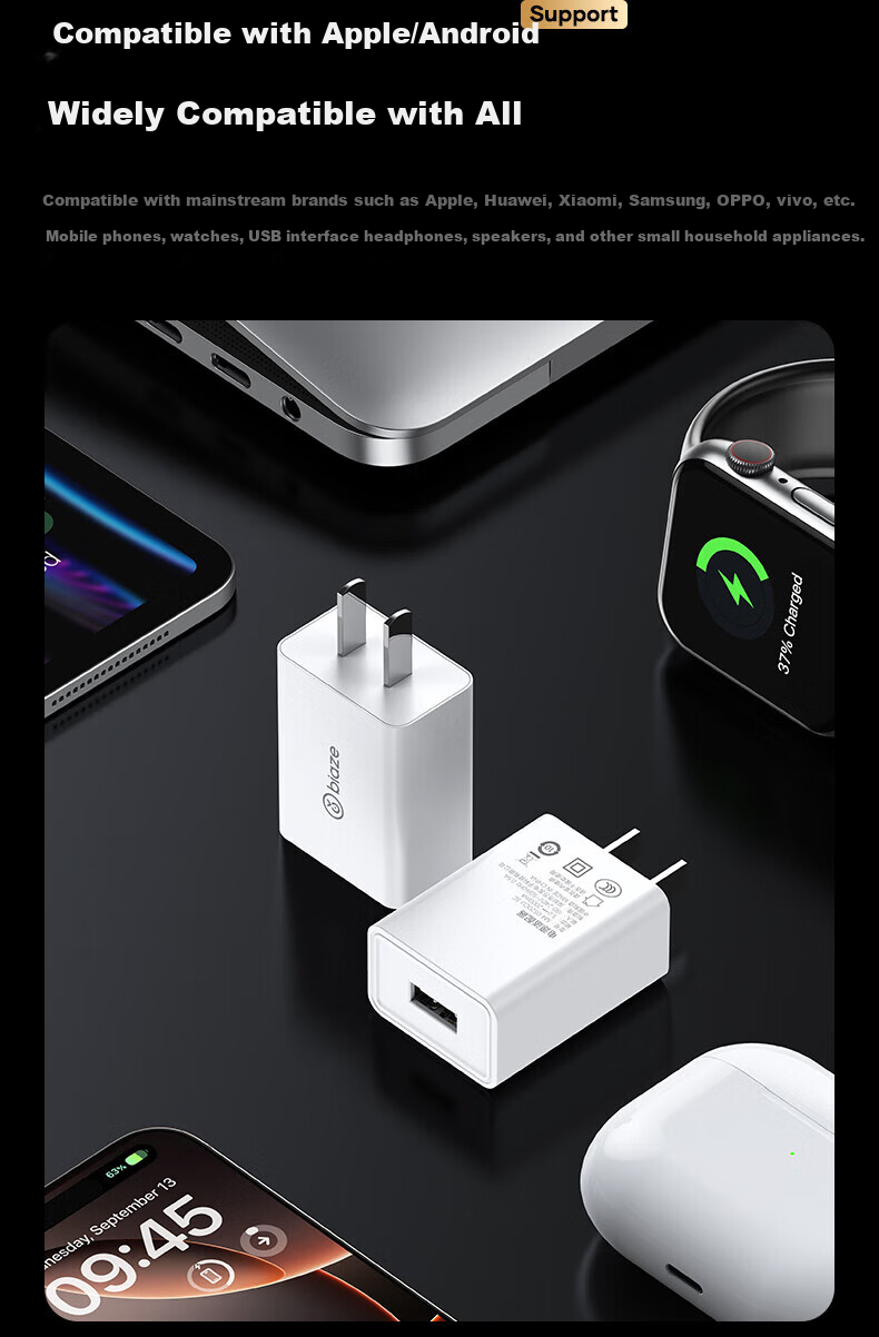 BIAZE 5V 2A/1A Charger USB Socket Head Compatible with Apple Huawei Honor Vivo Xiaomi OPPO Redmi Samsung Phones, Smartwatches, Bracelets, Bluetooth Headphones Power Adapter 6