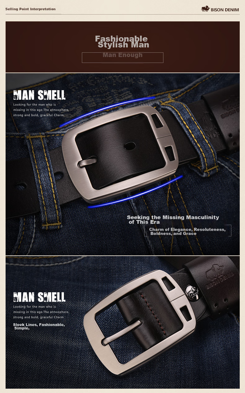 American Bison Men's Genuine Leather Belt Casual Vintage Cowhide Pin Buckle Waistband Birthday Gift for Boyfriend 5
