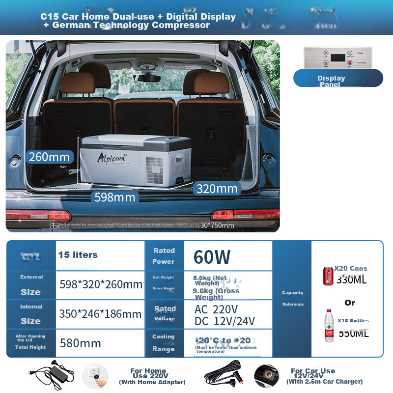Alpicool Car Refrigerator, Compressor Cooling, 15L Capacity, for Car And Home Use, Suitable for Sedans, 12V for Cars, 24V for Trucks, Can Freeze, Refrigerate, And Cool