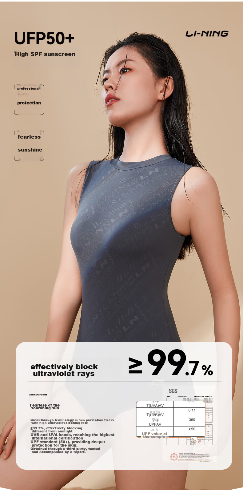 Li-Ning Women's Swimwear, Sun Protection UPF50+, Quick-Drying Professional Competition Training Slim-Fit Hot Spring Swimsuit, 0961 Black L 4