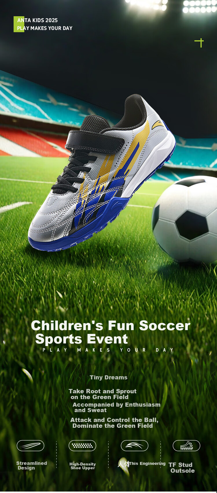ANTA Children's Sports Shoes for Boys, Autumn Season, Velcro, Molded Studs, Practical Non-Slip Soccer Cleats A12529940J 1