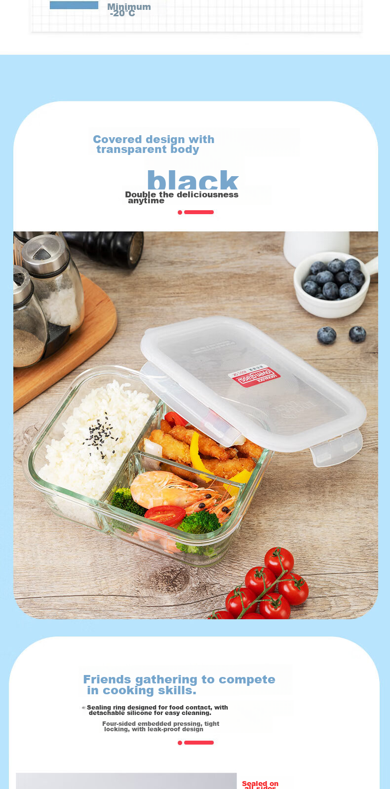 LOCK&LOCK Divided Glass Food Storage Containers Two-Piece Set, Microwave-Safe Lunch Boxes, with Bento Bag, 1L+380ml 4