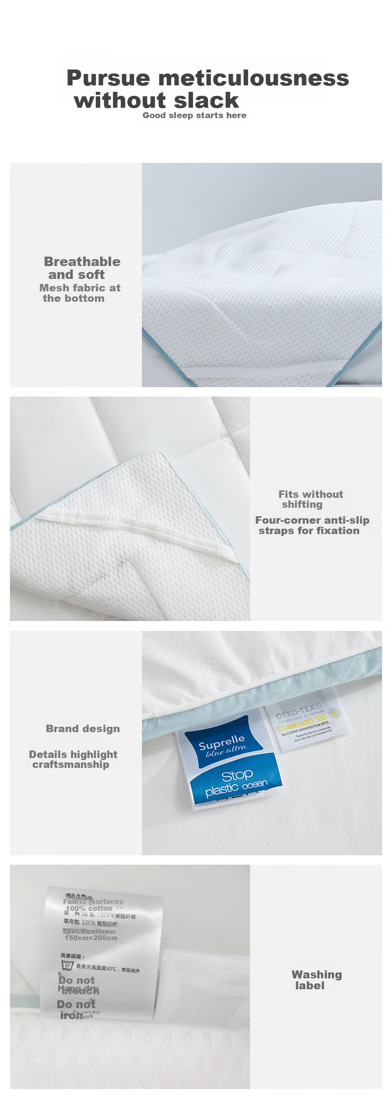 Shupiaoer Anti-Mite Thick Mattress Pad, Dust Mite Protection Mat, Anti-Mite Antibacterial Pure Cotton Breathable Soft Pad for 1.8m Bed (White) 18