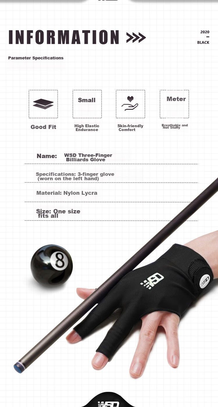 WEISHIDUN Professional Pool Gloves, Three-Finger Breathable Non-Slip Specialized Billiard Cue Accessories for Left-Handed Players 2