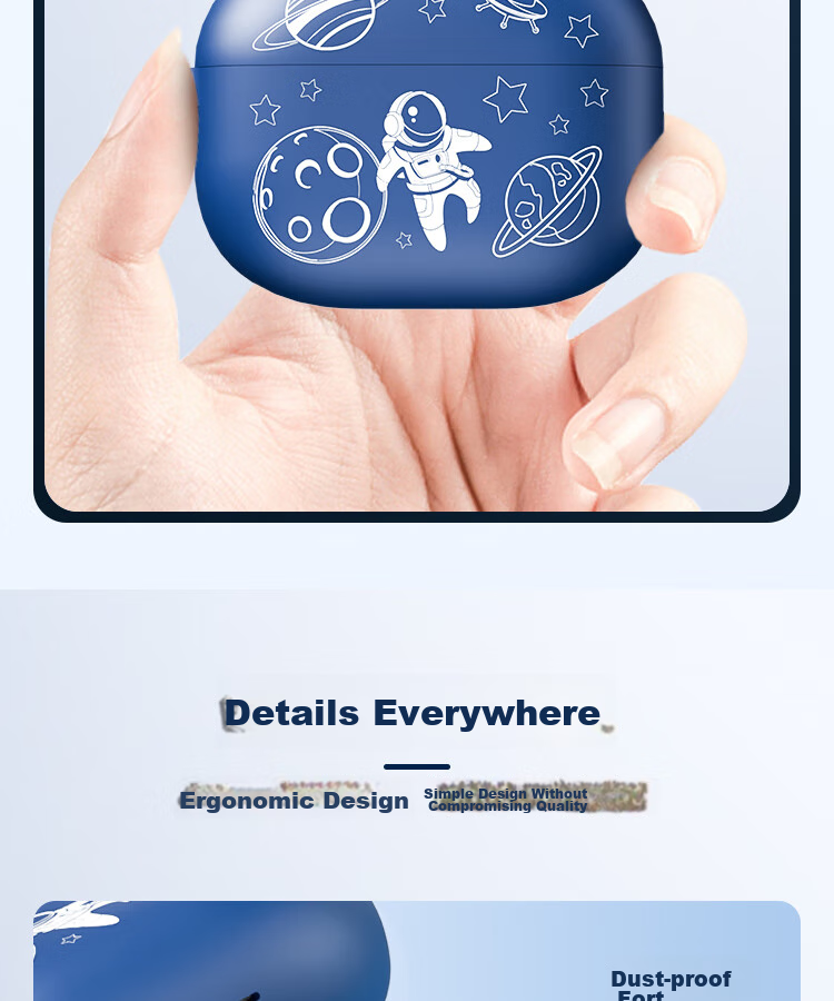 ESCASE Protective Case for IQOO TWS2 Earphones, Vivo TWS4 Silicone Soft Shell Bluetooth Storage Box, Shockproof Ultra-Thin Astronaut Design, Deep Blue + Anti-Loss Lanyard 4