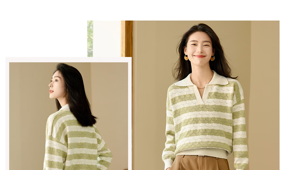 Chushen Spring Autumn Women's Knitwear Striped Textured Pattern Polo Collar Sweater Basic Top S143Z3010 17