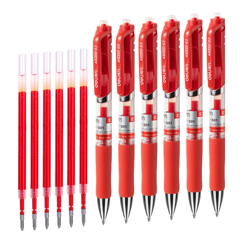 Deli S01 Gel Pen Signature Pen, 0.5mm Bullet Tip Classic Office Retractable Pen, Red 6 Pens + 6 Refills/box, S01-6 Gaokao Exam