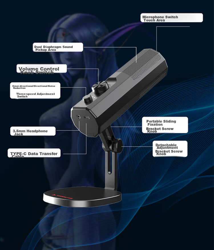 Taidu TSP201 Xingchuan F1 Computer Microphone, Desktop Microphone, USB Port, RGB Lighting Effects, Black 13