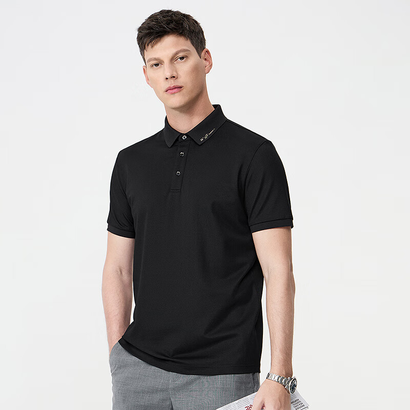 DANCING WOLVES [Instant Cooling Sensation & 7A Antibacterial] Skin-Friendly Mulberry Silk Short-Sleeve POLO Shirt for Men, 001 Black, M(170)