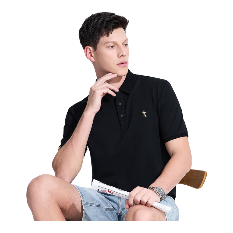 DANCING WOLVES [Pure Cotton & Sweat-Wicking] Summer Skin-Friendly Comfortable Short-Sleeve Men's Polo Shirt, 001 Black, Size 175