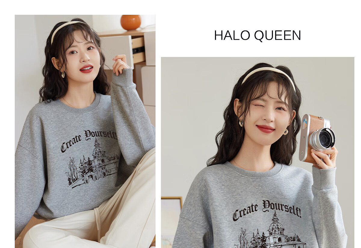 Halo Queen Women's Sweatshirt, Spring And Autumn Round Neck, Letter Print, Fashionable Versatile Comfortable Casual Pullover Top, New Product H143W1028 52