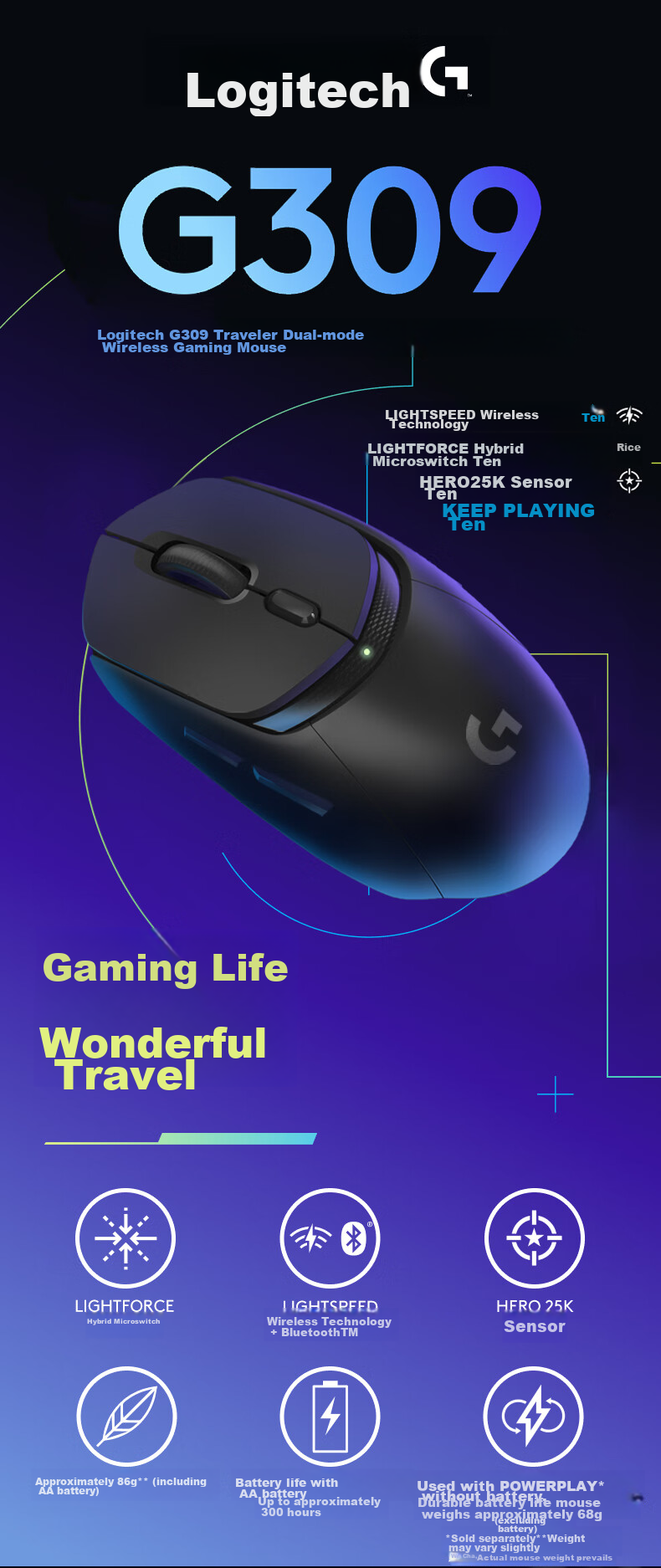 G G309 Wanderer Wireless Gaming Mouse, Esports Mouse for PUBG LOL FPS Games, Hybrid Micro-Adjustment, Dual-Mode Connection, White 1