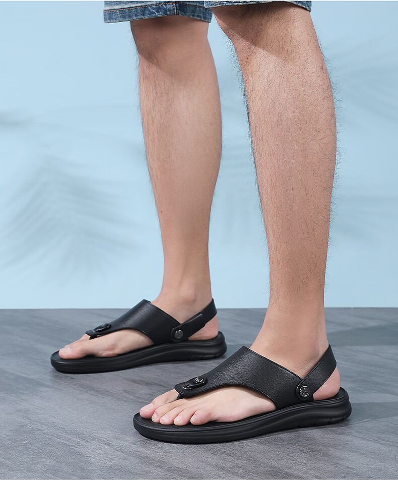 RED DRAGONFLY Leather Sandals for Men, Summer Breathable Thong Sandals, Cowhide Beach Shoes for Men, WLT240141, Black, Size 38 7