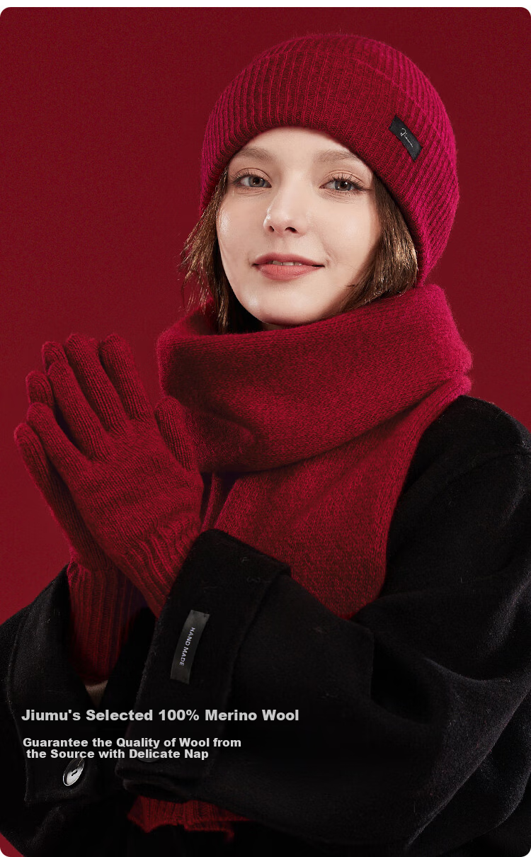 JIUMU Pure Wool Warm Scarf, Hat And Gloves Three-Piece Set for Women, Winter Birthday New Year Gift for Girls, Gift Box Packaging 4