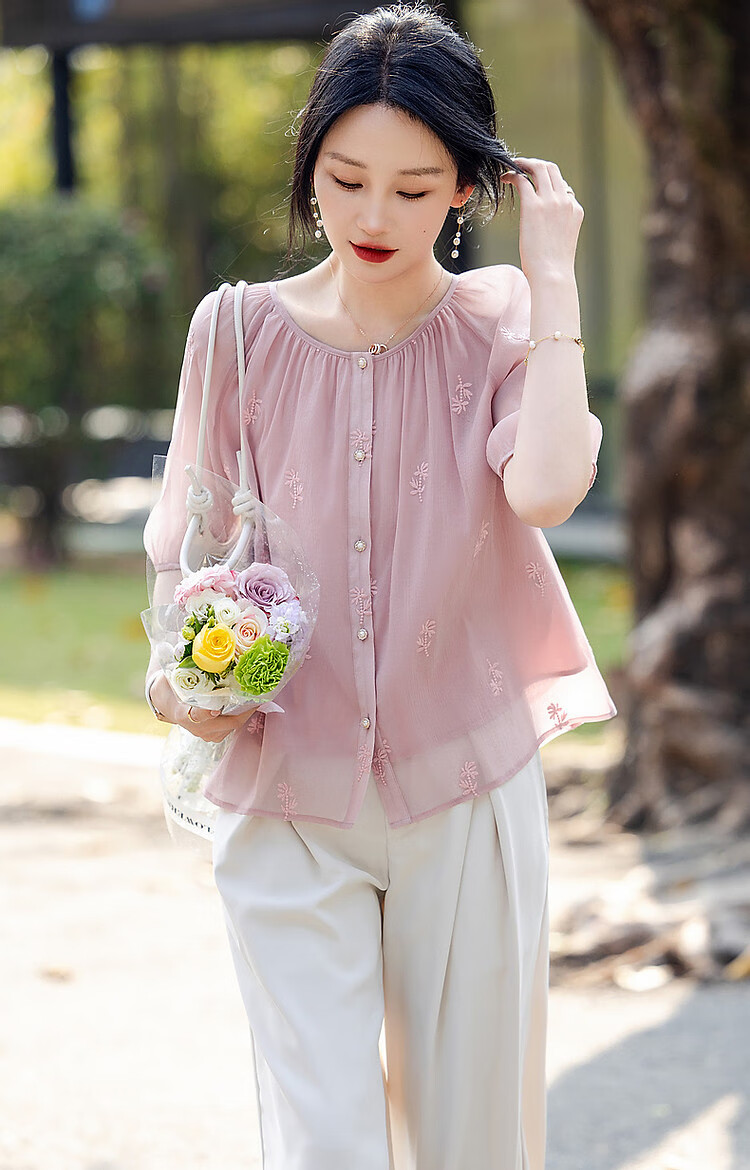 Dme Ice Cream Buttercream Shirt, Summer French Embroidered Blouse, Round Neck Comfortable Concealing Versatile Shirt for Women Top 9