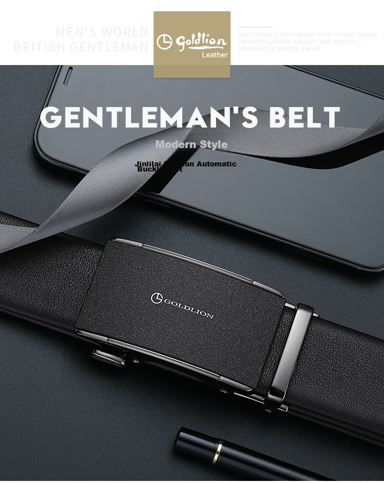 Goldlion Men's Leather Belt with Matte Automatic Buckle, Business Fashion Trouser Belt Gift Box, Birthday Present 1