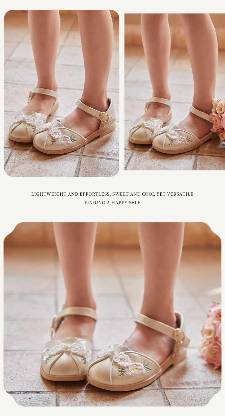 Fulomi Girls Summer Sandals Traditional Chinese Embroidered Hanfu Soft Sole Closed-Toe Princess Shoes Pearl Pink Size 31 10