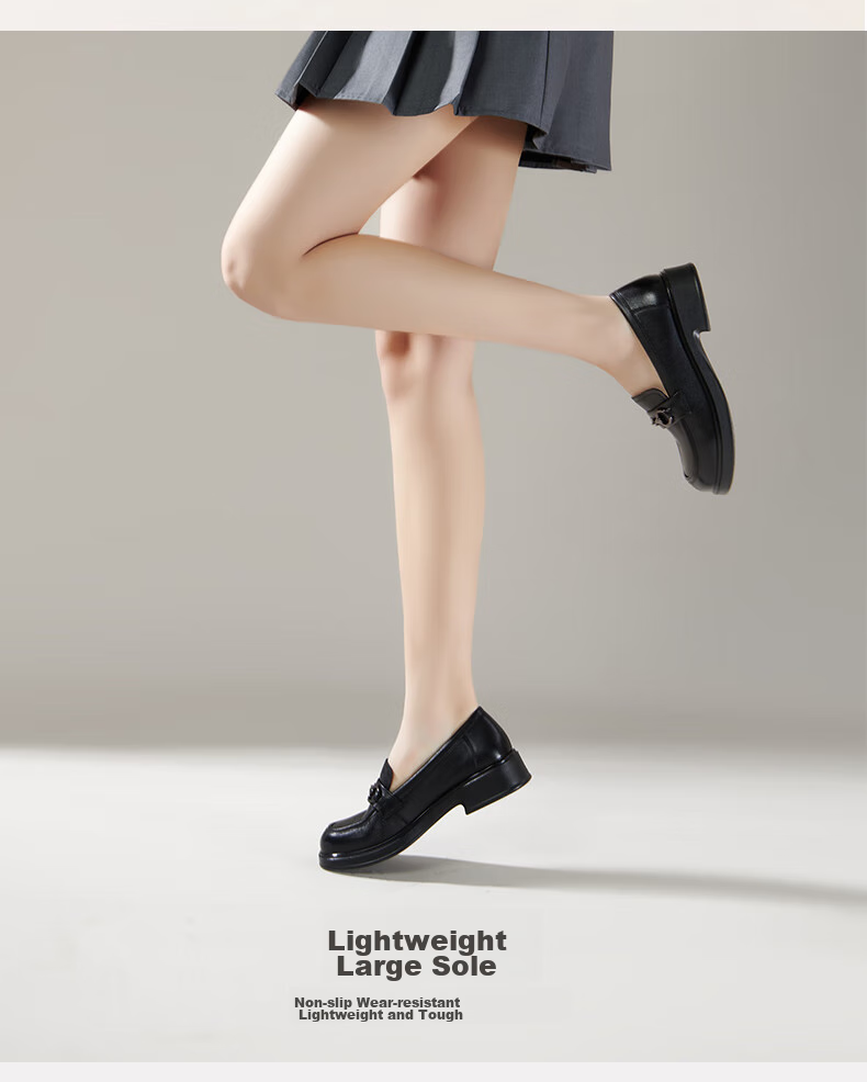 PT'SON Leather Thick-Soled Loafers for Women, Autumn Horse-Bit Buckle British Style Slip-On Shoes, Small Leather Shoes, Black, Size 35 8