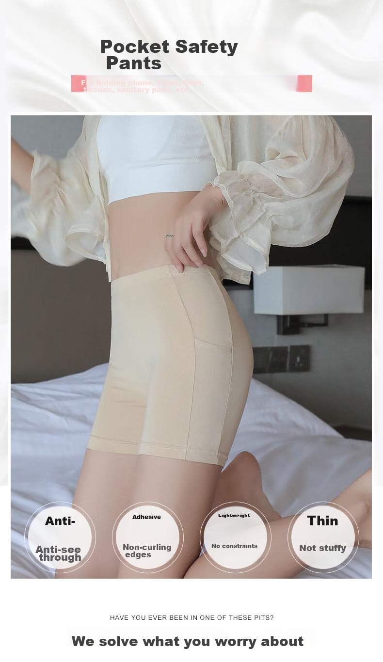 LangSha Safety Shorts for Women with Pockets, Summer Undershorts, Anti-Exposure, Non-Rolling, Elastic, Tight-Fitting, Flat-Angle, Three-Quarter Length Safety Shorts for Wome 1