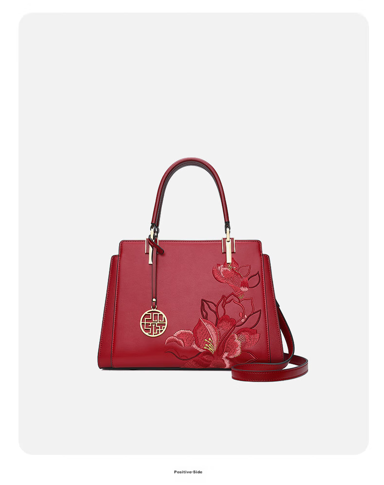 PmSix Women's Handbag, New Style, Practical Birthday Gift for Mom, Cowhide Chinese-Style Embroidery, Large Capacity, Middle-Aged Ladies' Tote Bag 20
