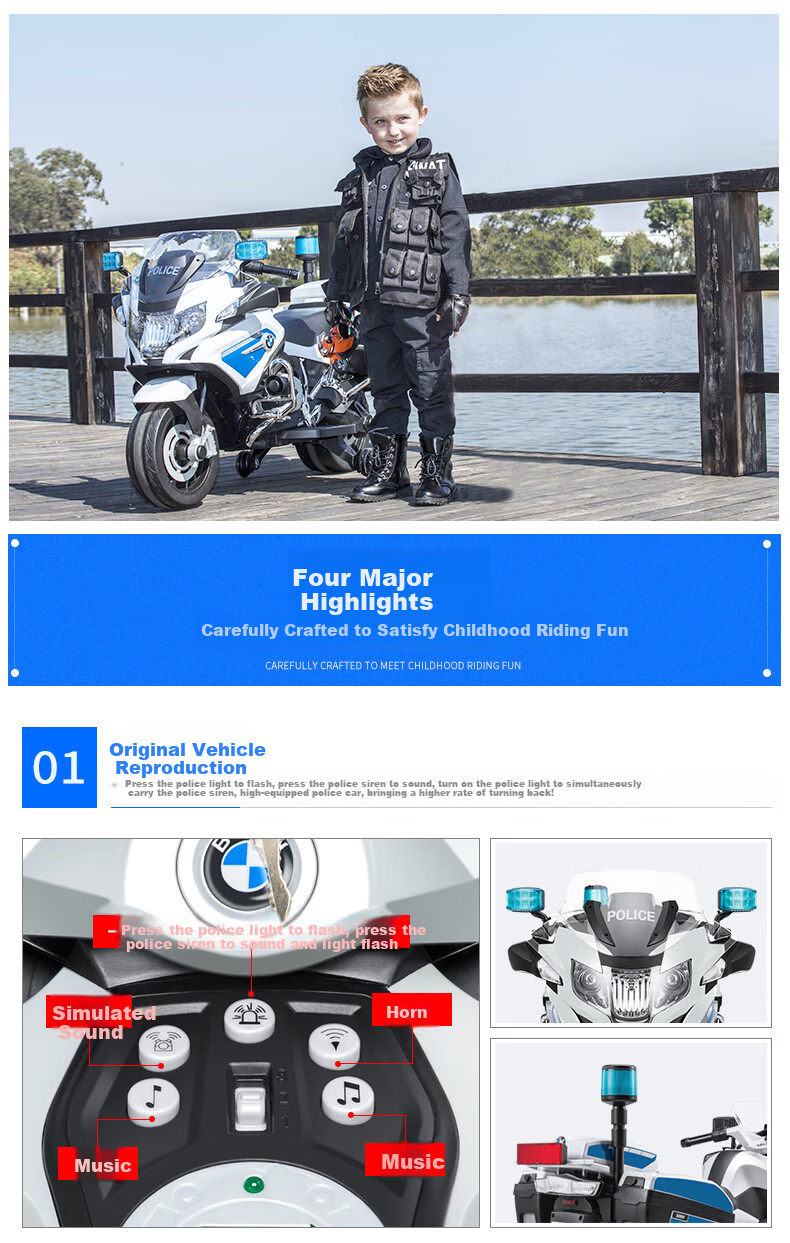 CHILOKBO BMW Children's Electric Motorcycle, Two-Wheel Extra-Large Rideable, Double-Person Kids' Toy Police Car, Birthday Gift, Soft Wheels 2