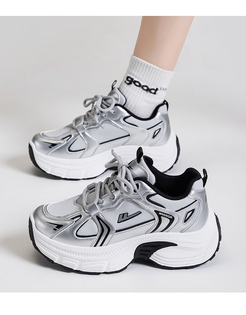 Warrior Women's Sports Shoes 2025 Autumn New Thick-Soled Leather Casual Breathable Dad Sneakers Silver 36 15