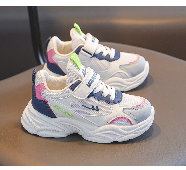 Warrior Children's Shoes, Girls' Soft-Soled Casual Shoes, Spring And Autumn Style, Kids' Sneakers WZ(CL)-0977, Beige/blue/Rose Red, Size 33 3