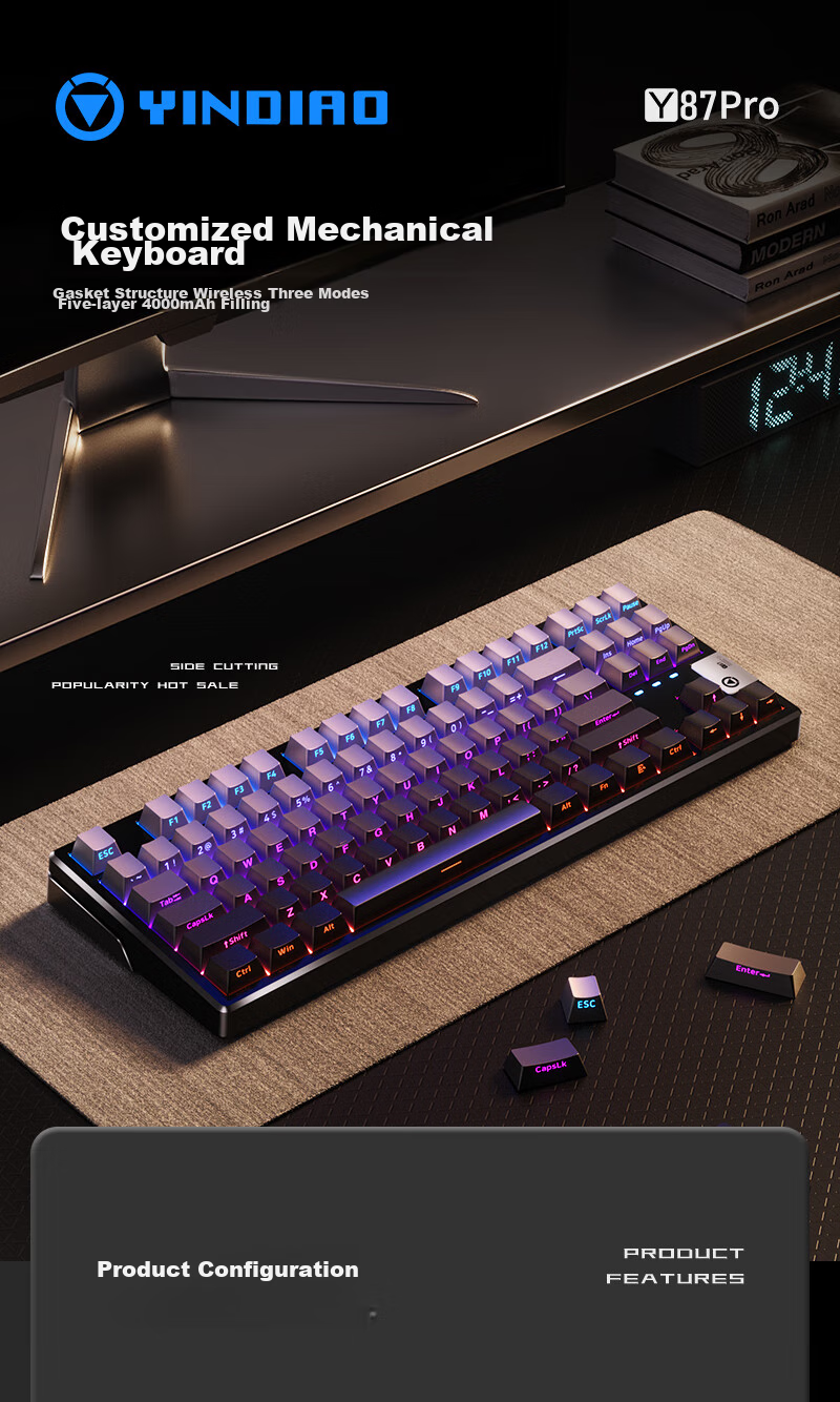 YINDIAO Y87PRO, 87-Key Layout, Tri-Mode Wireless Bluetooth Custom Mechanical Keyboard, for Office And E-Sports Gaming, Full Hot-Swappable Gasket Structure, Dual Color Scheme, Lavender Purple 1