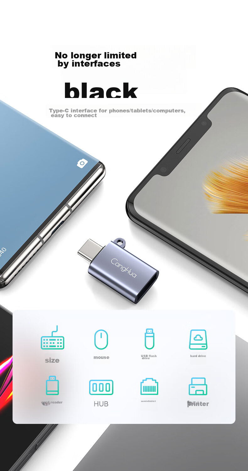 CangHua Type-C to USB 3.2 Adapter OTG Compatible with Apple 18/17/16/15, Huawei, Android Phones, Data Cable for USB Drives, Tablets, Laptops, Keyboard And Mouse Charging 6